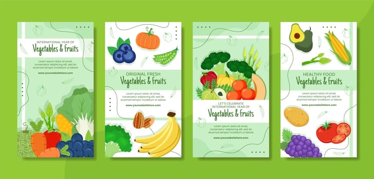 Vegetables and Fruits Social Media Stories Template Cartoon Background Vector Illustration