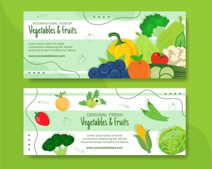 Vegetables and Fruits Horizontal Banner Template Cartoon Background Vector Illustration