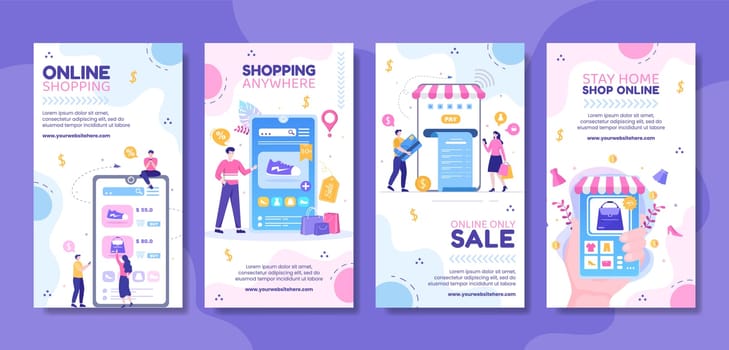 Online Shopping Social Media Stories Template Flat Cartoon Background Vector Illustration