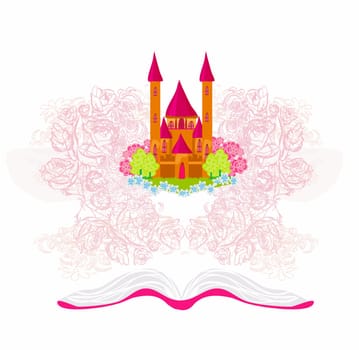 Magic world of tales, fairy castle appearing from the book