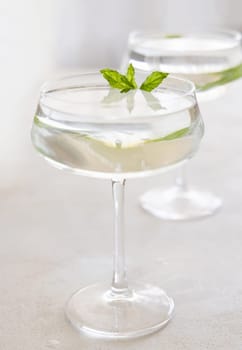 Transparent cocktail with ice cubes in a glass decorated with mint leaves close up. Tropical drink at the bar. Summer vacation mood. Analcolic mocktail drink