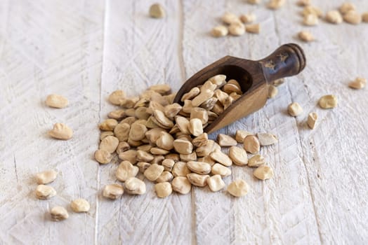 Scoop of raw dry Grass pea close up on wood. Healthy, protein source for vegan and vegetarian diet. Traditional Italian apulian cuisine ingredient. Legumes known as Cicerchia, Vetch, Blue Sweet Pea