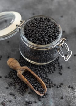 Glass jar of dry black lentils beans with a wooden scoop on grey table close up. Healthy eating, protein source for vegan and vegetarian diet. Traditional Asian and North African cuisines ingredient