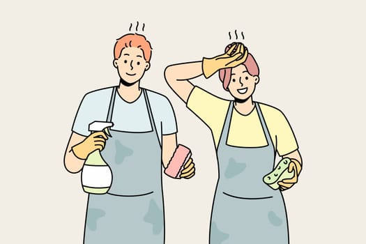 Exhausted couple feel tired after house cleaning. Man and woman in aprons housekeeping together. Household chores. Vector illustration.