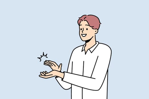 Smiling man clapping hands thanking or showing appreciation. Happy businessman applaud celebrate good deal. Acknowledgement and gratitude. Vector illustration.