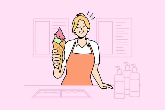 Smiling girl seller stretch hand with ice-cream from street vendor. Happy woman give frozen dessert. Commerce and small business. Vector illustration.
