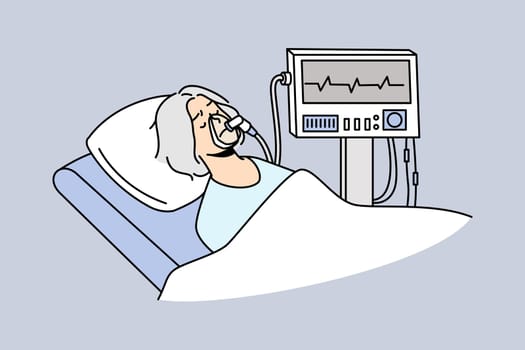 Old woman in mask lying under ventilator in hospital. Mature patient breathing with ventilating machine. ICU hospital intensive. Vector illustration.