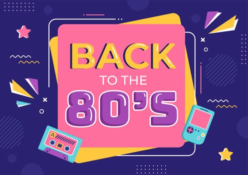 80s Party Cartoon Background Illustration with Retro Music, 1980 Radio Cassette Player and Disco in Old Style Design
