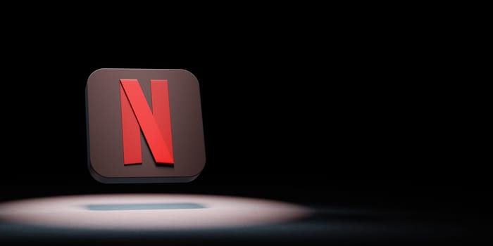 Netflix Logo 3D Symbol Shape Spotlighted on Black Background with Copy Space 3D Illustration
