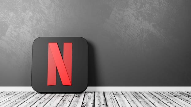 Netflix Logo 3D Symbol Shape on Wooden Floor Against a Gray Wall with Copy Space 3D Render Illustration
