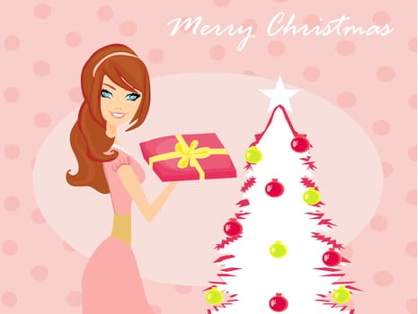 cute girl with gift box near by Christmas Tree
