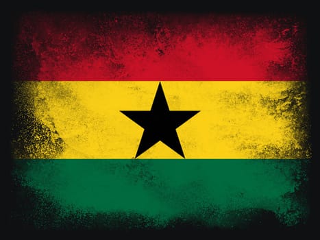 Ghana Flag design composition of exploding powder and paint, isolated on a black background for copy space. Colorful abstract dust particles explosion. World cup 2022 football symbol for printing