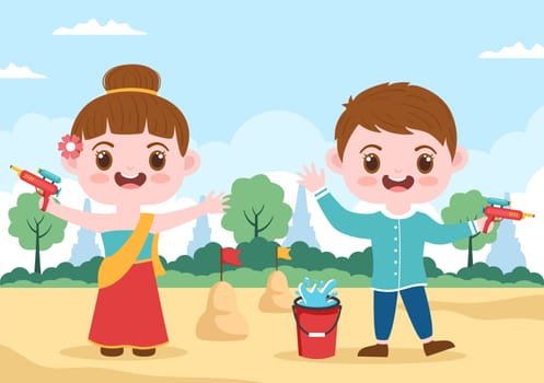 Happy Songkran Festival Day Hand Drawn Cartoon Illustration with Cute Little Kids Playing Water Gun in Thailand Celebration in Flat Style Background