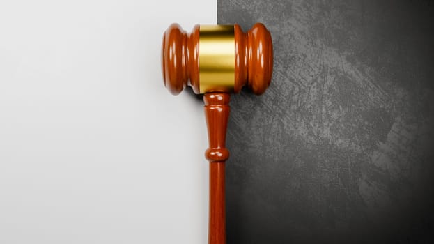 Judge's Gavel Against a Black and White Wall with Copy Space 3D Render Illustration
