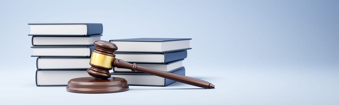 Judge's Gavel ahead of Stacks of Books on Blue Background with Copy Space 3D Render Illustration