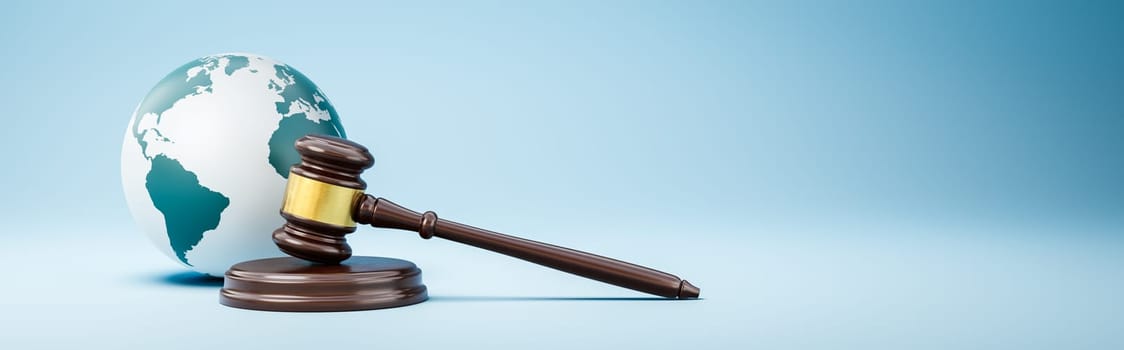 Judge's Gavel and Earth Planet on Blue Background with Copy Space 3D Render Illustration