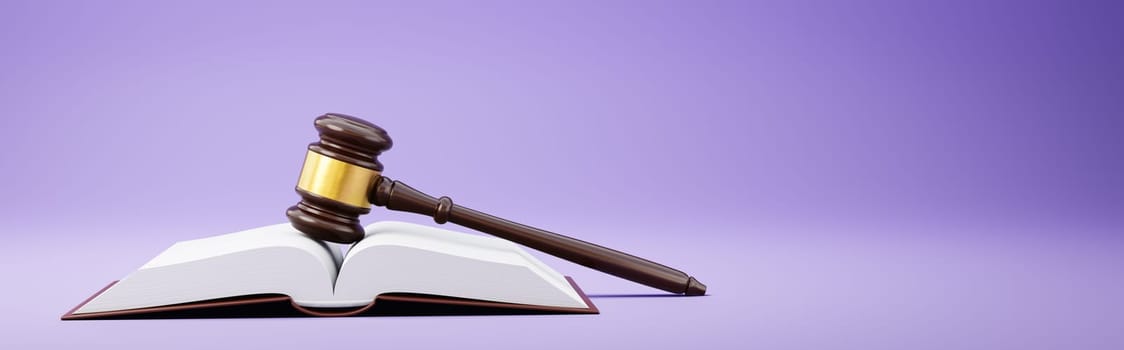 Judge's Gavel and an Open Book on Purple Background with Copy Space 3D Render Illustration