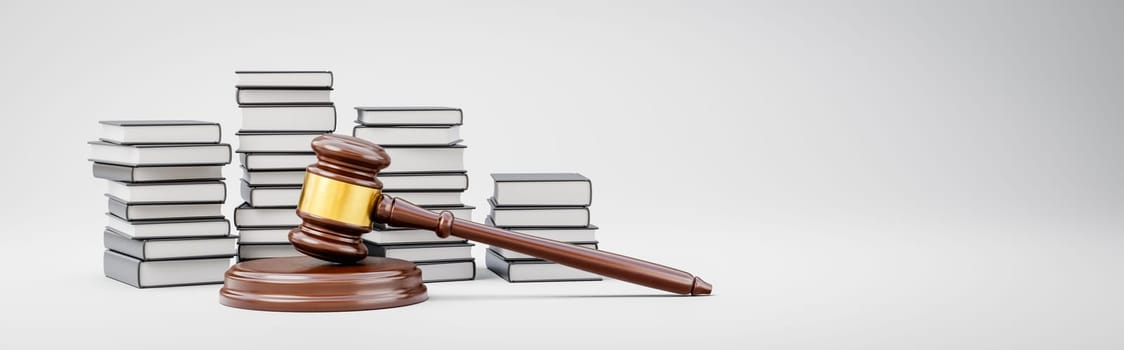 Judge's Gavel and Stacks of Books on Light Gray Background with Copy Space 3D Render Illustration