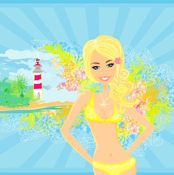 Grunge banner with palm trees and girl in bikini.