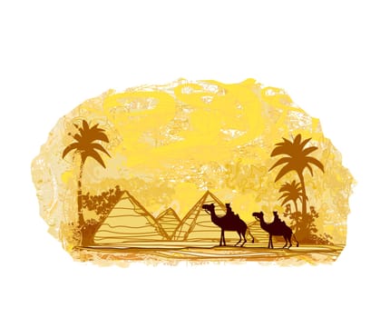 Bedouin camel caravan in wild africa landscape illustration