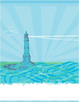 lighthouse seen from a tiny beach - blue Poster