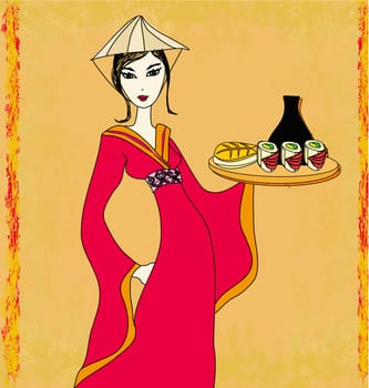 beautiful Asian girl enjoy sushi - doodle illustration