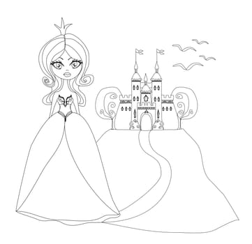 Beautiful young princess in front of her castle - doodle illustration