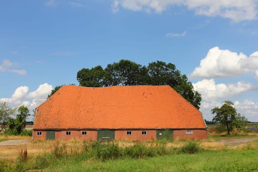 Big agricultural building, blue sky in background.großes Landwirtschaftliches Gebäude, blauer Himmel im Hintergrund.