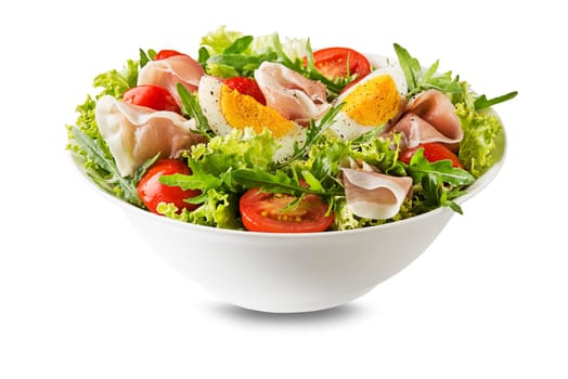 Green Salad with prosciutto, egg, arugula and tomato isolated on white background