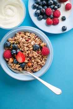 A plate of dry granola served with fresh berry fruit and yogurt. Oatmeal plate. Healthy food, diet. Top view.