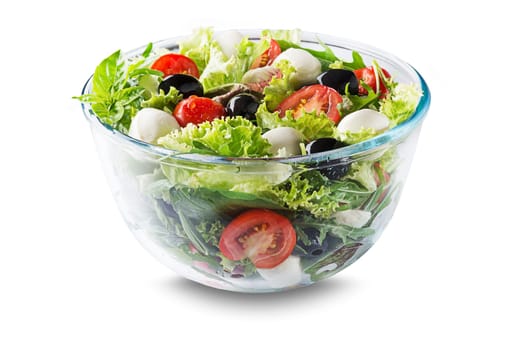 Green Salad with mozzarella cheese, black olives, arugula and tomato isolated on white background
