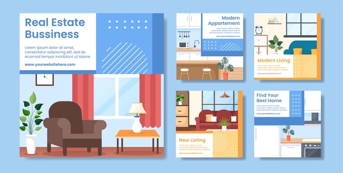 Real estate Social Media Post Template Flat Cartoon Background Vector Illustration