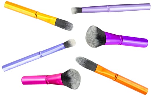Makeup brushes isolated. Collage set of six new professional make up brushes isolated on a white background. Concept beauty.