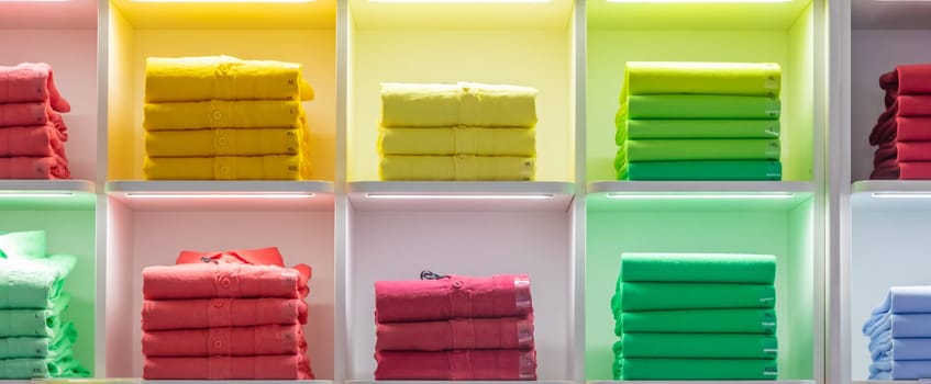 Polo t-shirt store interior. Shop shelves with  colored fashion cotton shirts.