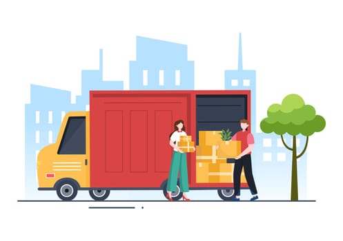 Trucking Transportation Cartoon Illustration with Cargo Delivery Services or Cardboard Box Sent to the Consumer in Flat Style Design