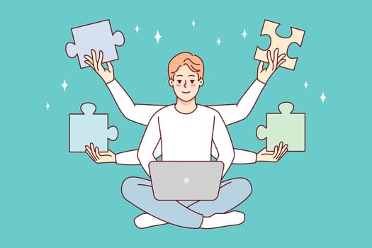 Man working on laptop solving business problem. Male employee with jigsaw puzzles above head use computer find issue solution. Vector illustration.
