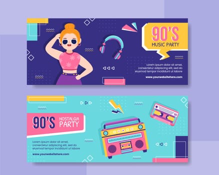 90s Retro Party Horizontal Banner Template Flat Cartoon Background Vector Illustration