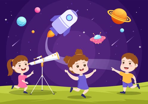 Astronomy Cartoon Illustration with Cute Kids Watching Night Starry Sky, Galaxy and Planets in Outer Space Through Telescope in Flat Hand Drawn Style