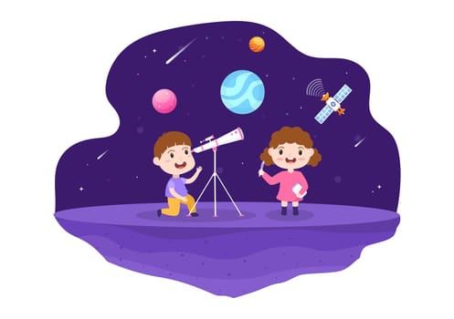 Astronomy Cartoon Illustration with Cute Kids Watching Night Starry Sky, Galaxy and Planets in Outer Space Through Telescope in Flat Hand Drawn Style