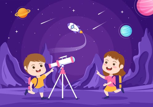 Astronomy Cartoon Illustration with Cute Kids Watching Night Starry Sky, Galaxy and Planets in Outer Space Through Telescope in Flat Hand Drawn Style