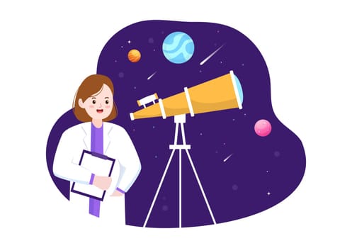 Astronomy Cartoon Illustration with People Watching Night Starry Sky, Galaxy and Planets in Outer Space Through Telescope in Flat Hand Drawn Style