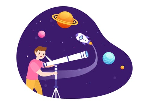 Astronomy Cartoon Illustration with People Watching Night Starry Sky, Galaxy and Planets in Outer Space Through Telescope in Flat Hand Drawn Style