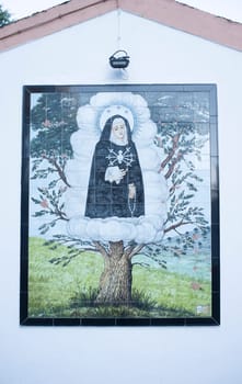 La Codosera, Spain - August 21th, 2021: Sanctuary of Our Lady of Chandavila. Glazed tile wall depicting the Virgin