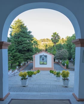 La Codosera, Spain - August 21th, 2021: Sanctuary of Our Lady of Chandavila. Exit arch