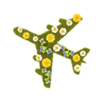 Flowery Grassy Airplane Symbol Shape Isolated on White Background 3D Illustration