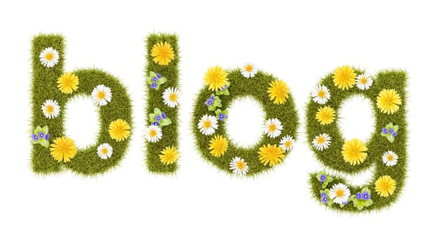 Flowery Grassy Blog Text Shape Isolated on White Background 3D Render Illustration