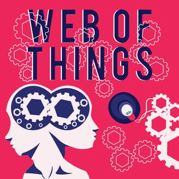 Handwriting text Web Of Things, Word for Internet technology online modern data service communication Two Heads With Cogs Showing Technology Ideas.