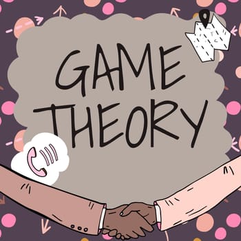 Sign displaying Game Theory, Word Written on branch of mathematics concerned with analysis of strategies Empty frame decorated with communication symbols represent business meeting