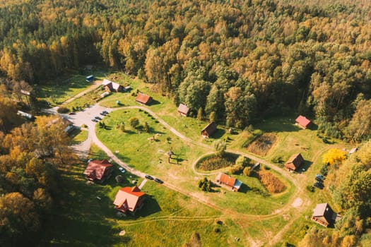 Belarus, Berezinsky Biosphere Reserve. Bird's-eye View Of Guest House Nivki In Autumn Sunny Day. Panorama, Panoramic View.