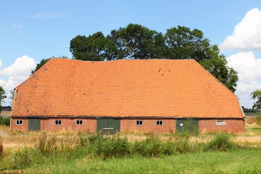 Big agricultural building, blue sky in background.großes Landwirtschaftliches Gebäude, blauer Himmel im Hintergrund.